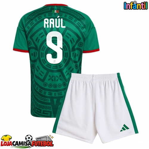 Camisa de Futebol México Raul Jimenez #9 Equipamento Principal Infantil Mundo 2026 Manga Curta (+ Calças curtas)